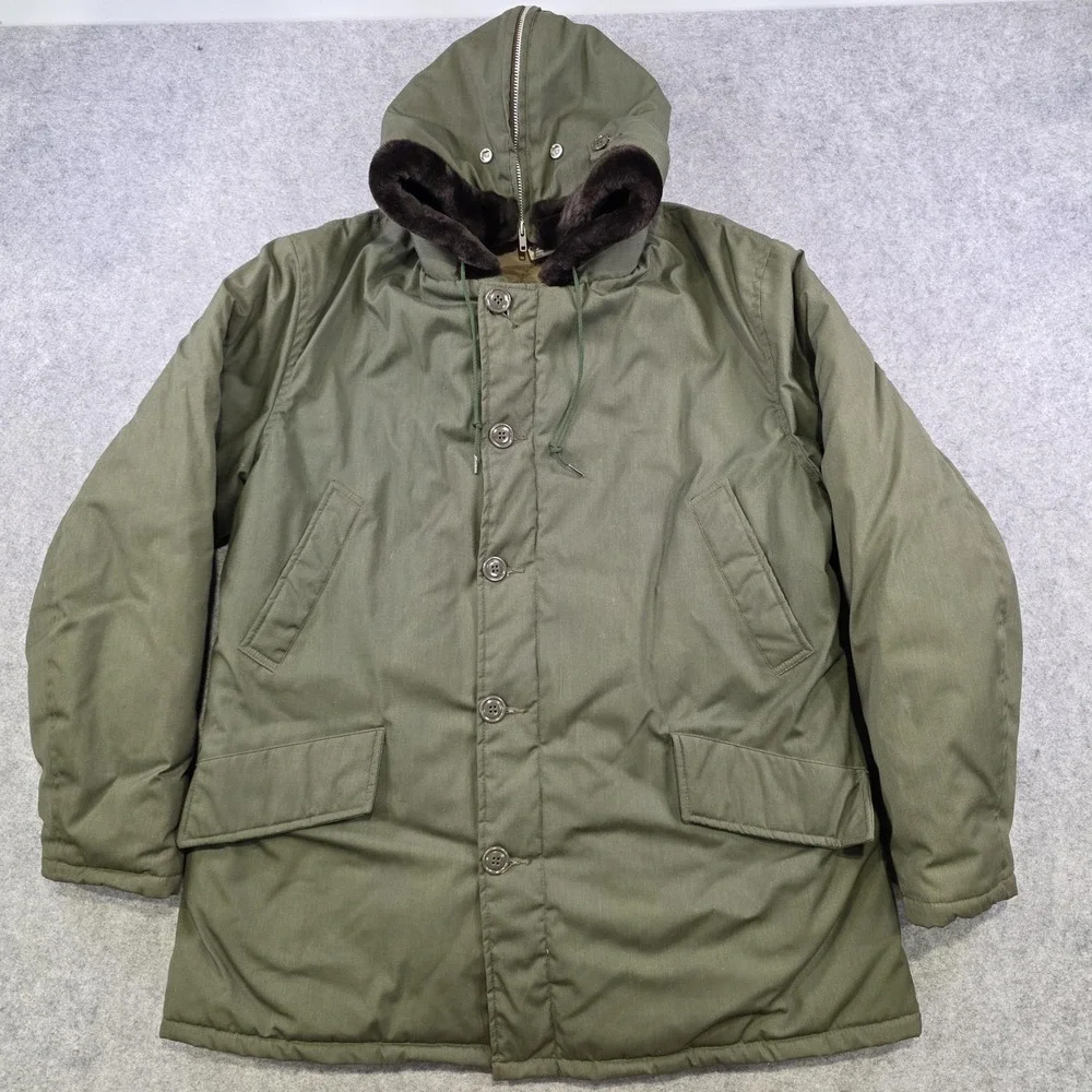 VTG LL Bean Parka Coat Mens 44 Green Hooded Canvas Fur Lined Insulated Military